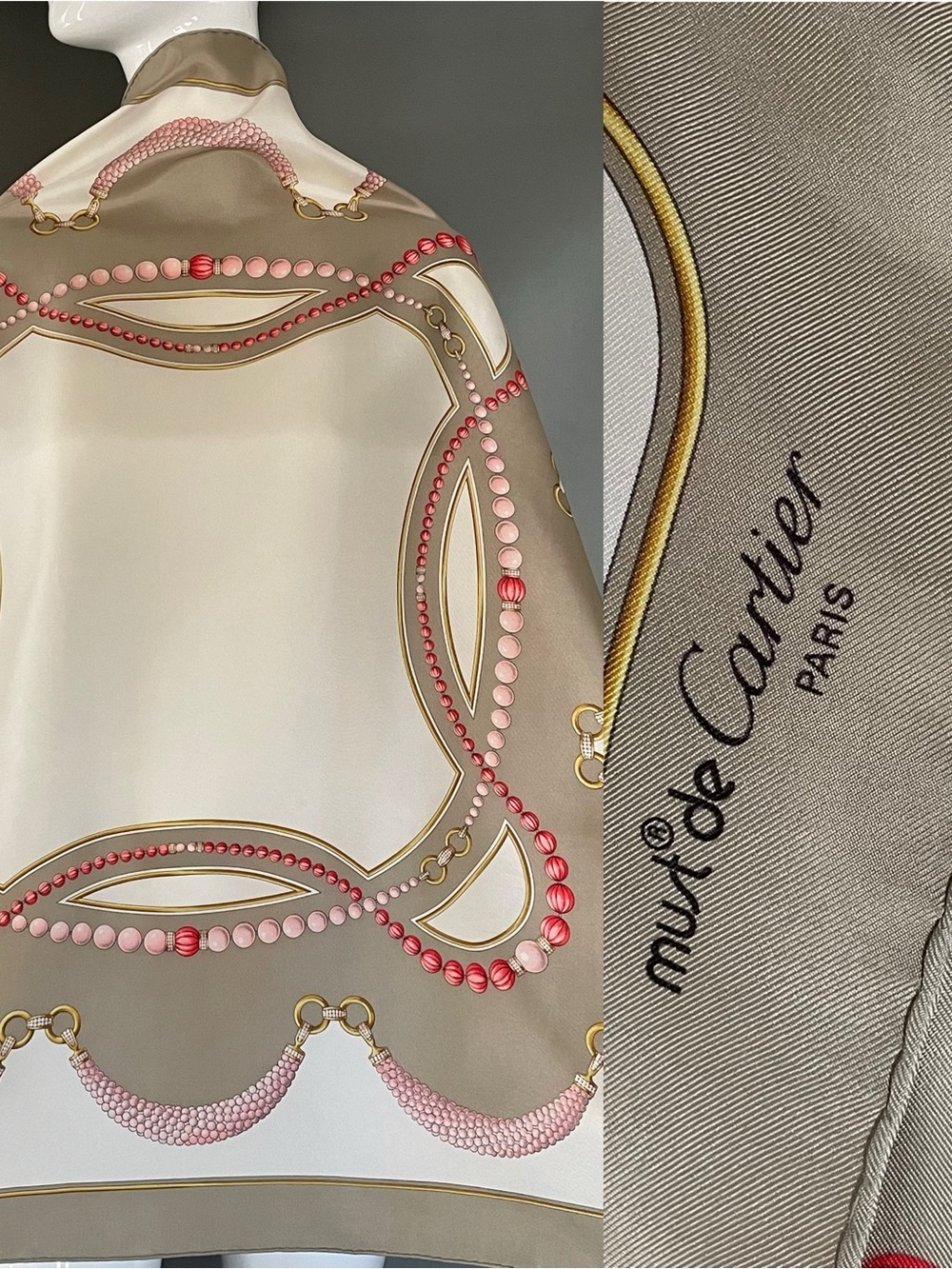 Beautiful Cartier Silk Scarf pretty Pink Taupe 34 In Excellent Condition